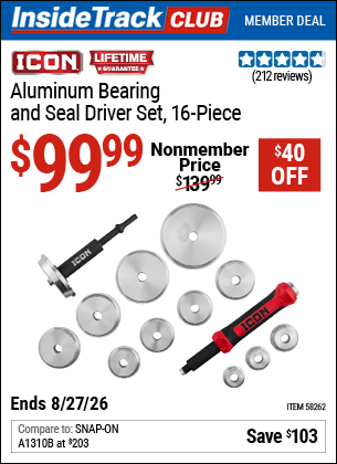 Harbor Freight Coupons, HF Coupons, 20% off - ICON Aluminum Bearing and Seal Driver Set for $89.99