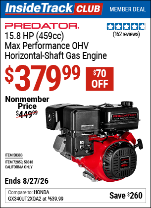 Harbor Freight Coupons, HF Coupons, 20% off - PREDATOR 15.8 HP (459cc) OHV Horizontal-Shaft Gas Engine for $419.99