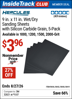 Harbor Freight Coupons, HF Coupons, 20% off - HERCULES 9 in. x 11 in. 1000 Grit Wet/Dry Sanding Sheets with Aluminum oxide Grain, 5-Pack for $2.99