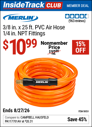 Harbor Freight Coupons, HF Coupons, 20% off - MERLIN 3/8 in. x 25 ft. PVC Air Hose 