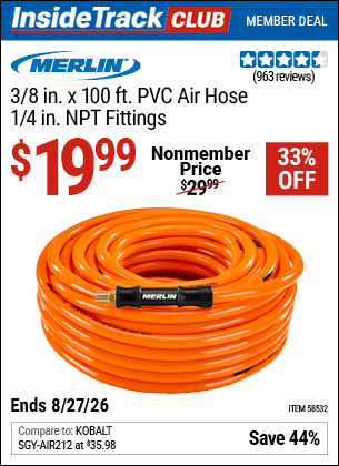 Harbor Freight Coupons, HF Coupons, 20% off - MERLIN 3/8 in. x 100 ft. PVC Air Hose for $19.99