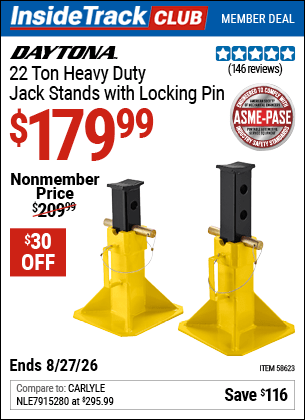 Harbor Freight Coupons, HF Coupons, 20% off - DAYTONA 22 Ton Heavy Duty Jack Stands with Locking Pin for $159.99