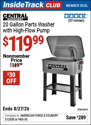 Harbor Freight Coupons, HF Coupons, 20% off - CENTRAL MACHINERY 20 gallon Parts Washer with High Flow Pump 