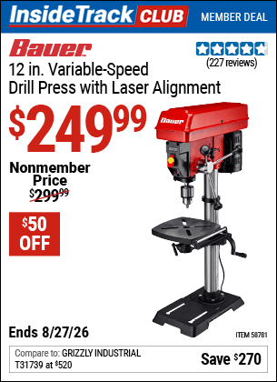 Harbor Freight Coupons, HF Coupons, 20% off - BAUER 12 in. Variable-Speed Drill Press with Laser Alignment for $249.99