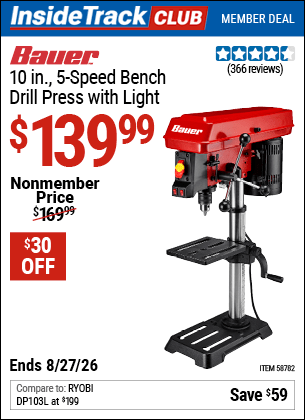 Harbor Freight Coupons, HF Coupons, 20% off - BAUER 10 in., 5-Speed Bench Drill Press with Light for $139.99