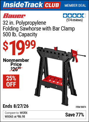 Harbor Freight Coupons, HF Coupons, 20% off - BAUER 32 in. Polypropylene Folding Sawhorse with Bar Clamp, 500 lb. Capacity for $24.99