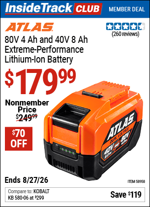 Harbor Freight Coupons, HF Coupons, 20% off - ATLAS 80V, 4.0 Ah and 40V, 8.0 Ah Lithium-Ion Battery for $219.99