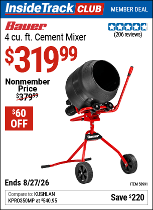 Harbor Freight Coupons, HF Coupons, 20% off - BAUER 4 cu. ft. Cement Mixer for $349.99