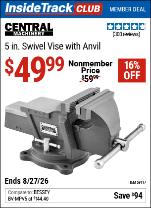 Harbor Freight Coupons, HF Coupons, 20% off - CENTRAL MACHINERY 5 in. Swivel Vise with Anvil for $49.99