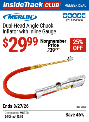 Harbor Freight Coupons, HF Coupons, 20% off - MERLIN Dual Head Angle Chuck Inflator with Inline Gauge for $29.99