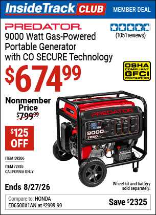 Harbor Freight Coupons, HF Coupons, 20% off - PREDATOR 9000 Watt Gas Powered Portable Generator with CO SECURE Technology for $699.99