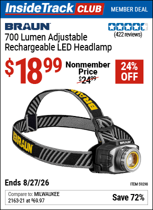 Harbor Freight Coupons, HF Coupons, 20% off - BRAUN 700 Lumen Adjustable Rechargeable LED Headlamp for $19.99