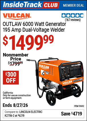 Harbor Freight Coupons, HF Coupons, 20% off - VULCAN OUTLAW 195 Engine-Driven Stick Welder/AC Generator with CO SECURE Technology 