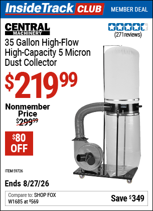 Harbor Freight Coupons, HF Coupons, 20% off - CENTRAL MACHINERY 35 Gallon, 2 HP High-Flow High-Capacity Dust Collector for $199.99