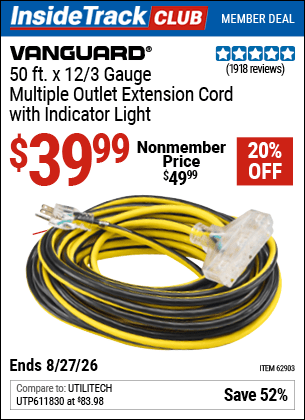 Harbor Freight Coupons, HF Coupons, 20% off - 12 Gauge X 50ft Multi-outlet Extension Cord With Indicator Light