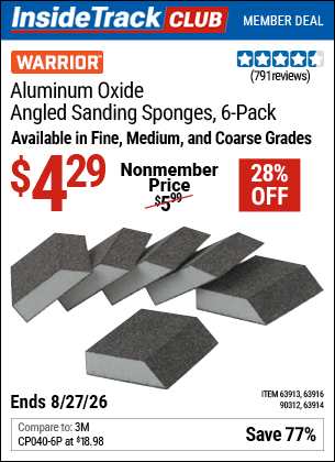Harbor Freight Coupons, HF Coupons, 20% off - WARRIOR Aluminum Oxide Angled Sanding Sponges, 6 Pk. for $3.99