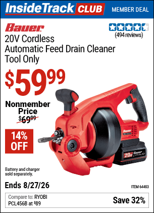 Harbor Freight Coupons, HF Coupons, 20% off - 20v Lithium-Ion Cordless Auto-Feed Drain Cleaner - Tool Only