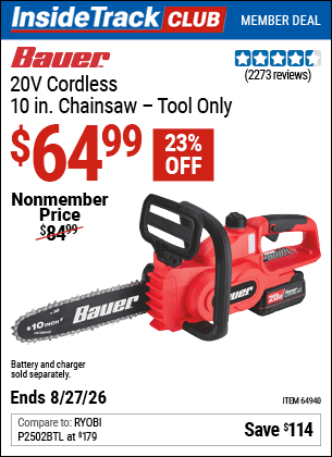 Harbor Freight Coupons, HF Coupons, 20% off - Bauer 20 Volt Lithium Cordless 10