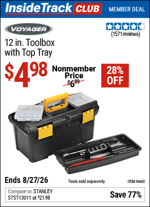 Harbor Freight Coupons, HF Coupons, 20% off - 12 in Toolbox With Top Tray Voyager