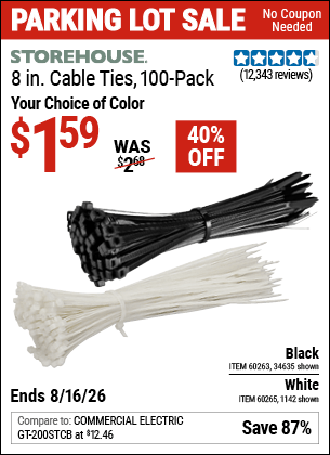 Harbor Freight Coupons, HF Coupons, 20% off - STOREHOUSE 8 in. Cable Ties Pack of 100 for $1.49