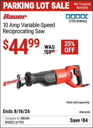 Harbor Freight Coupons, HF Coupons, 20% off - Bauer 10 Amp Variable Speed Reciprocating Saw