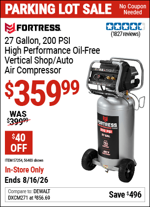 Harbor Freight Coupons, HF Coupons, 20% off - Fortress 27 Gallon Oil-free Professional Air Compressor