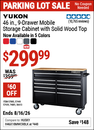 Harbor Freight Coupons, HF Coupons, 20% off - YUKON 46 in. 9-Drawer Mobile Storage Cabinet with Solid Wood Top 