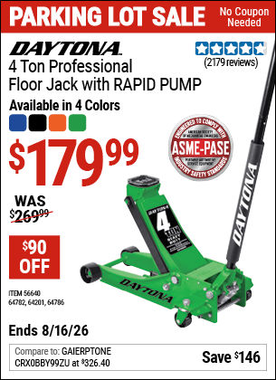Harbor Freight Coupons, HF Coupons, 20% off - DAYTONA 4 Ton Professional Rapid Pump Floor Jack for $159.99