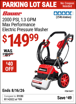 Harbor Freight Coupons, HF Coupons, 20% off - BAUER 2000 PSI Max Performance Electric Pressure Washer for $159.99