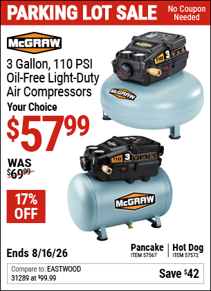 Harbor Freight Coupons, HF Coupons, 20% off - 3 Gallon 1/3 HP 110 PSI Oil-Free Pancake Air Compressor