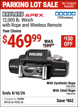 Harbor Freight Coupons, HF Coupons, 20% off - APEX 12,000 lb. Winch with Steel Rope and Wireless Remote