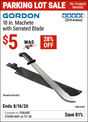 Harbor Freight Coupons, HF Coupons, 20% off - GORDON 18 in. Machete with Serrated Blade for $5.99