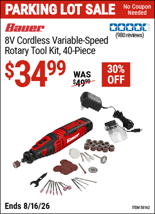 Harbor Freight Coupons, HF Coupons, 20% off - BAUER 8V Cordless Variable Speed Rotary Tool Kit 