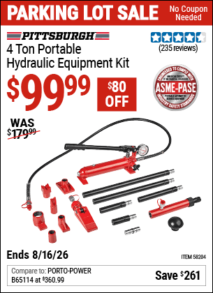 Harbor Freight Coupons, HF Coupons, 20% off - PITTSBURGH 4 Ton Portable Hydraulic Equipment Kit for $119.99