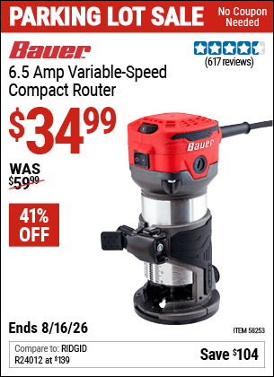 Harbor Freight Coupons, HF Coupons, 20% off - BAUER 1-1/4 HP 1/4 in. Variable Speed Compact Router 
