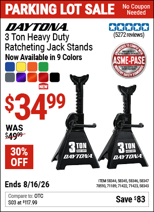 Harbor Freight Coupons, HF Coupons, 20% off - Buy Any 3T or 4T Steel DAYTONA Jack, Get One Pair of 3T DAYTONA Steel Jack Stands FREE!