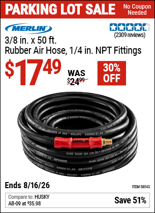 Harbor Freight Coupons, HF Coupons, 20% off - MERLIN 3/8 in. x 50 ft. Rubber Air Hose 