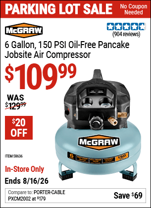 Harbor Freight Coupons, HF Coupons, 20% off - MCGRAW 6 gallon 0.8 HP 150 PSI Oil Free Pancake Air Compressor 