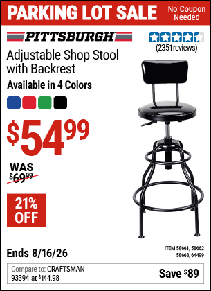 Harbor Freight Coupons, HF Coupons, 20% off - PITTSBURGH AUTOMOTIVE Adjustable Shop Stool with Backrest for $54.99