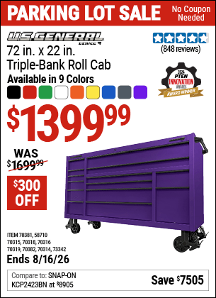 Harbor Freight Coupons, HF Coupons, 20% off - U.S. GENERAL 72 in. x 22 in. Triple-Bank Roll Cab 