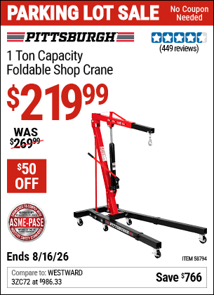 Harbor Freight Coupons, HF Coupons, 20% off - PITTSBURGH 1 Ton Capacity Foldable Shop Crane for $239.99