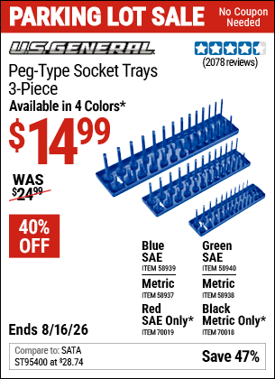 Harbor Freight Coupons, HF Coupons, 20% off - U.S. GENERAL Peg-Type Socket Tray, 3 Pc. for $14.99