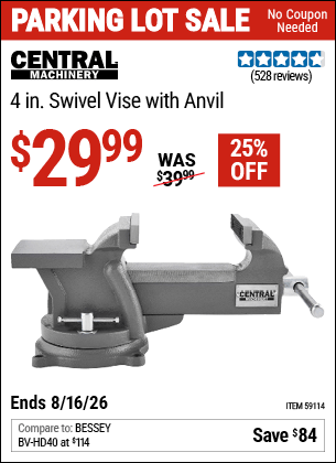 Harbor Freight Coupons, HF Coupons, 20% off - ENTRAL MACHINERY 4 in. Swivel Vise with Anvil for $29.99