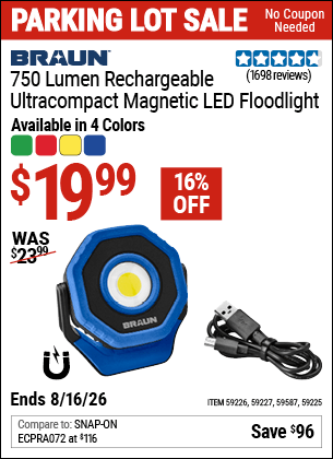 Harbor Freight Coupons, HF Coupons, 20% off - BRAUN 750 Lumen LED Ultracompact Magnetic Rechargeable Floodlight, Blue for $23.99