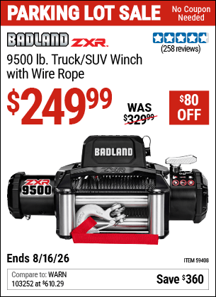 Harbor Freight Coupons, HF Coupons, 20% off - BADLAND ZXR 9500 lb. Truck/SUV Winch with Wire Rope 