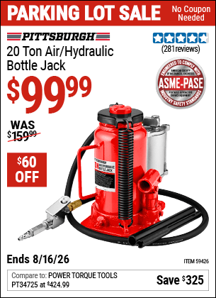 Harbor Freight Coupons, HF Coupons, 20% off - PITTSBURGH 20 ton Air/Hydraulic Bottle Jack for $99.99