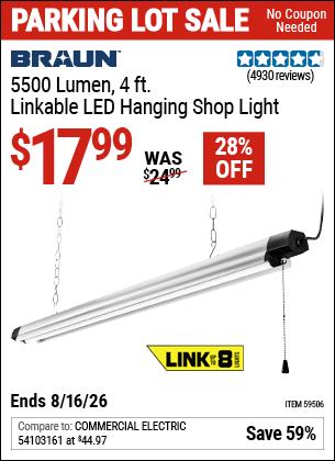 Harbor Freight Coupons, HF Coupons, 20% off - BRAUN 5500 Lumen 4 ft. Linkable LED Hanging Shop Light 