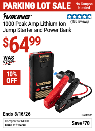 Harbor Freight Coupons, HF Coupons, 20% off - VIKING 1000 Peak Amp Midsize Lithium-Ion Jump Starter and Power Bank for $79.99