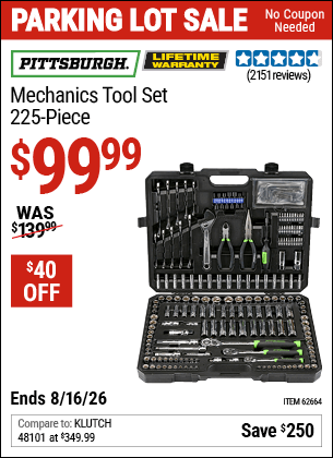 Harbor Freight Coupons, HF Coupons, 20% off - 225 Piece Mechanic's Tool Kit