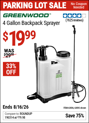 Harbor Freight Coupons, HF Coupons, 20% off - 4 Gallon Backpack Sprayer
